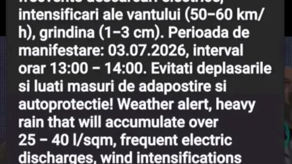 Mesaj RO-Alert și cod portocaliu de ploi și furtuni în zona respectivă
