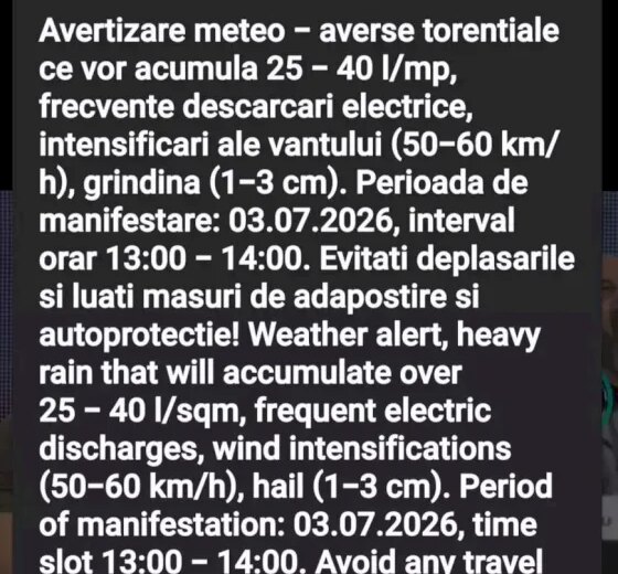 Mesaj RO-Alert și cod portocaliu de ploi și furtuni în zona respectivă