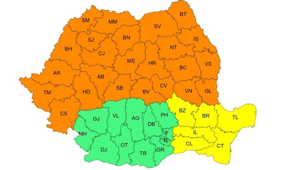Harta cod portocaliu și galben de caniculă în România, 1 iulie 2026